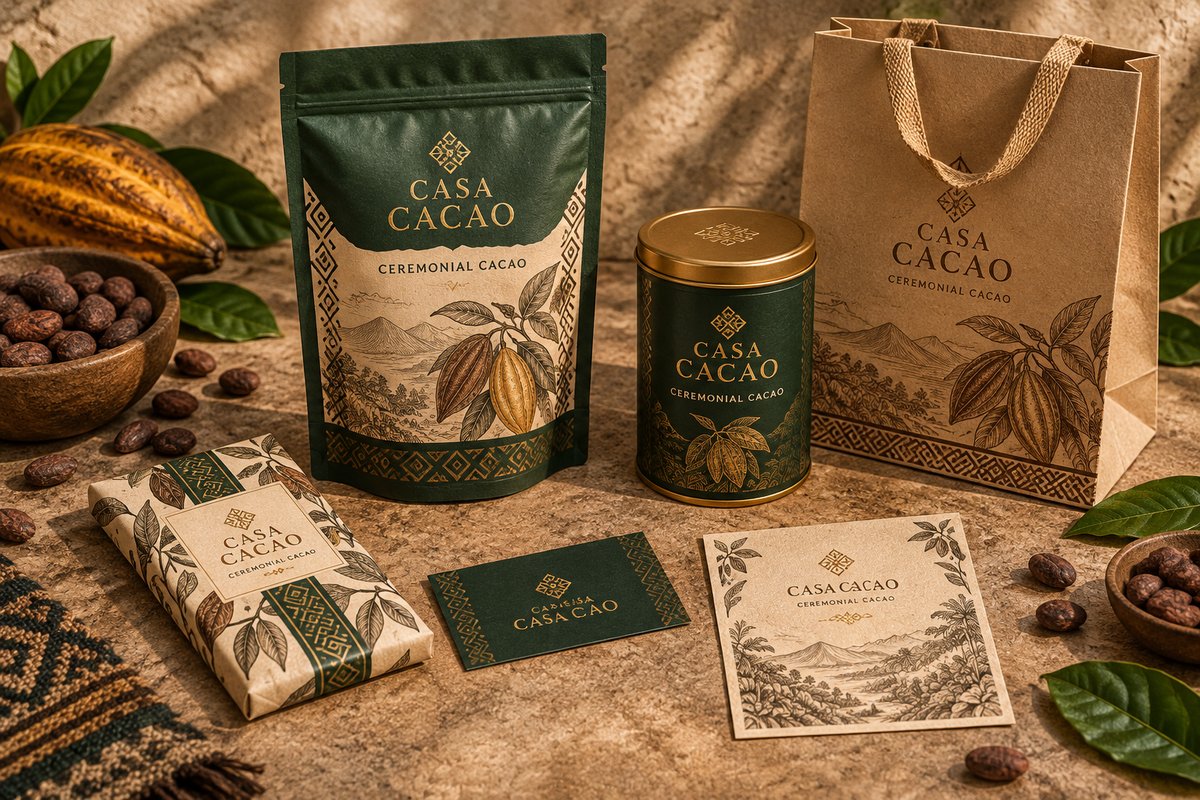 Casa Cacao brand identity designed by hand — packaging, business cards and paper bag in an earthy green, parchment and gold palette
