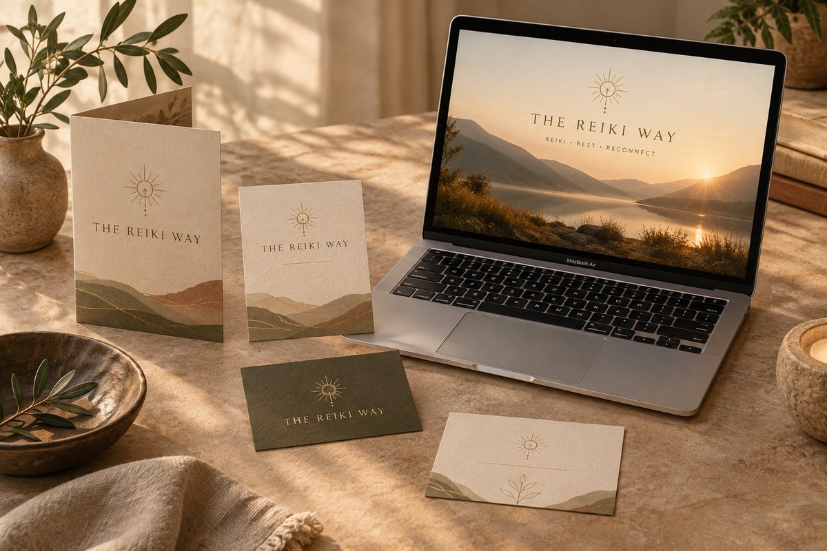 The Reiki Way brand identity — warm earthy palette, logo stationery and brochure, with the website on a Mac laptop