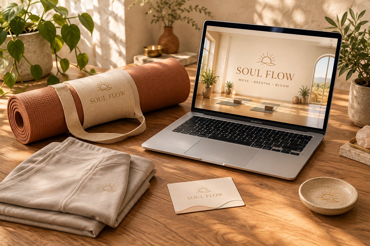 Soul Flow yoga studio branding — terracotta mat, class card and website in a warm wellness palette