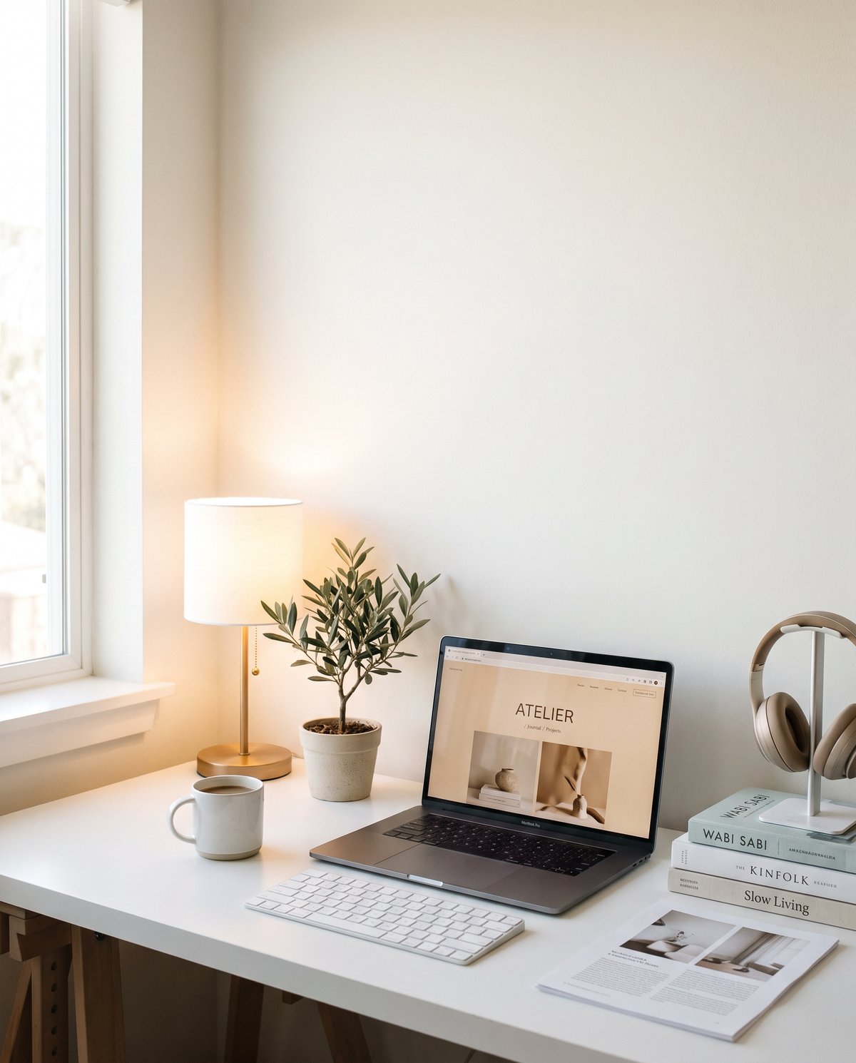 Warm minimal home office with a laptop on the desk