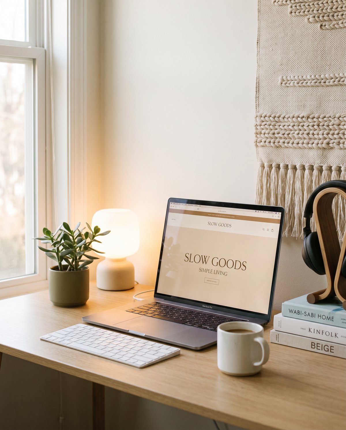 Warm minimal home office with a laptop, lamp and open magazine