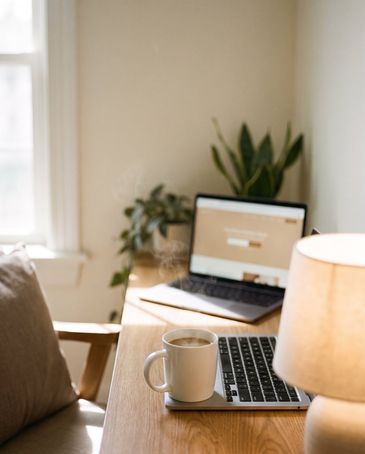 A steaming coffee mug beside a laptop in a warm home office