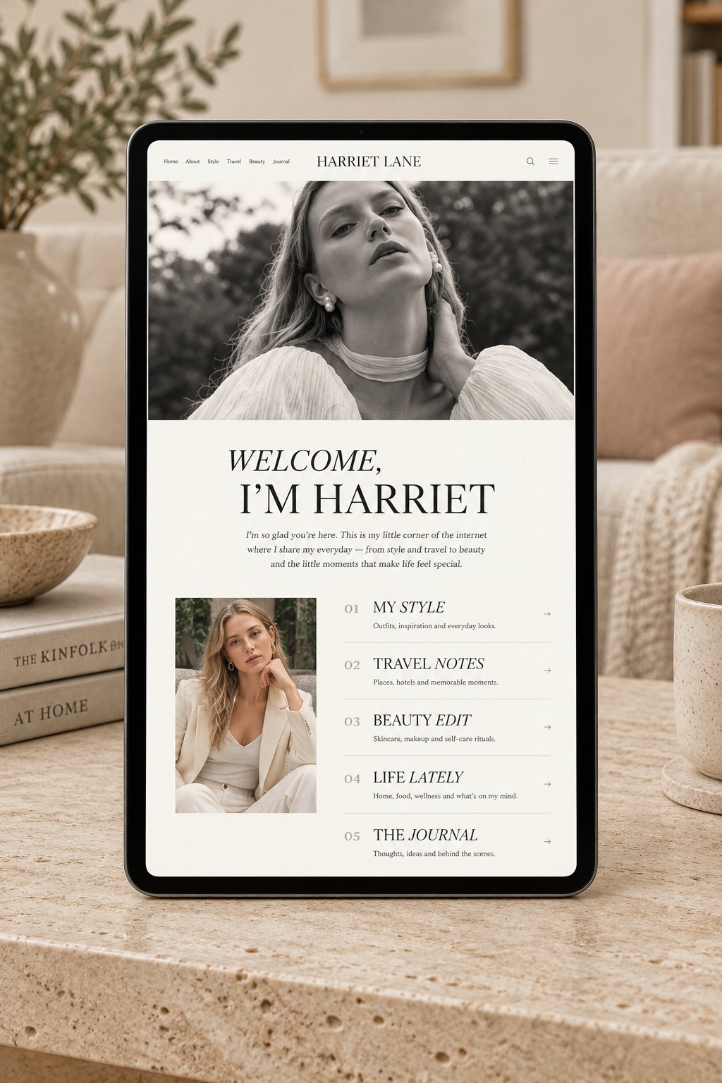 Editorial website design displayed on a tablet