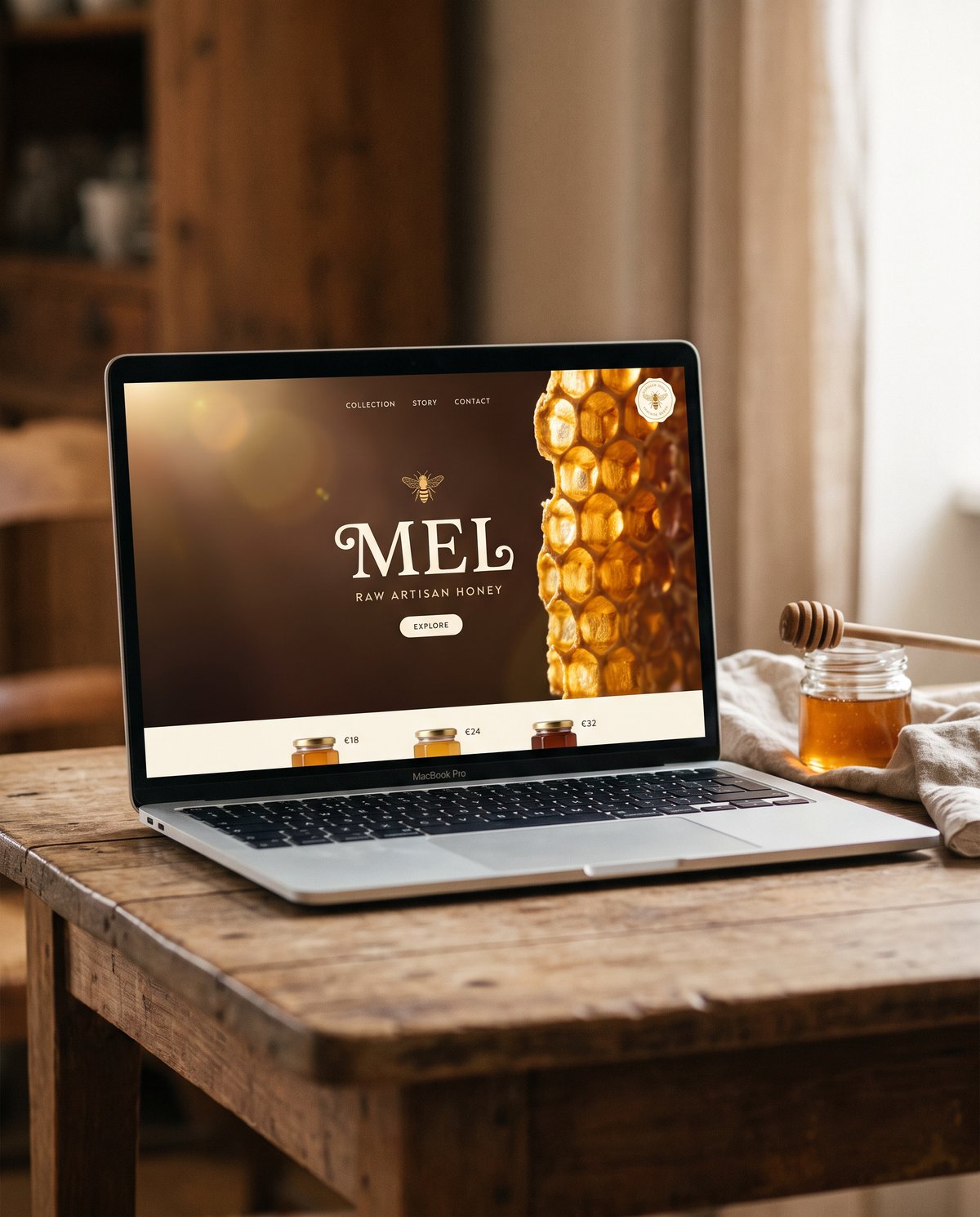 A silver MacBook facing the camera, showing a website designed by hand
