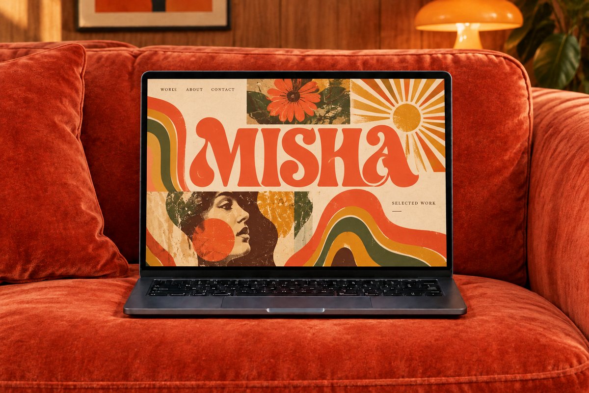 Retro-inspired portfolio design on a laptop beside a coral velvet sofa