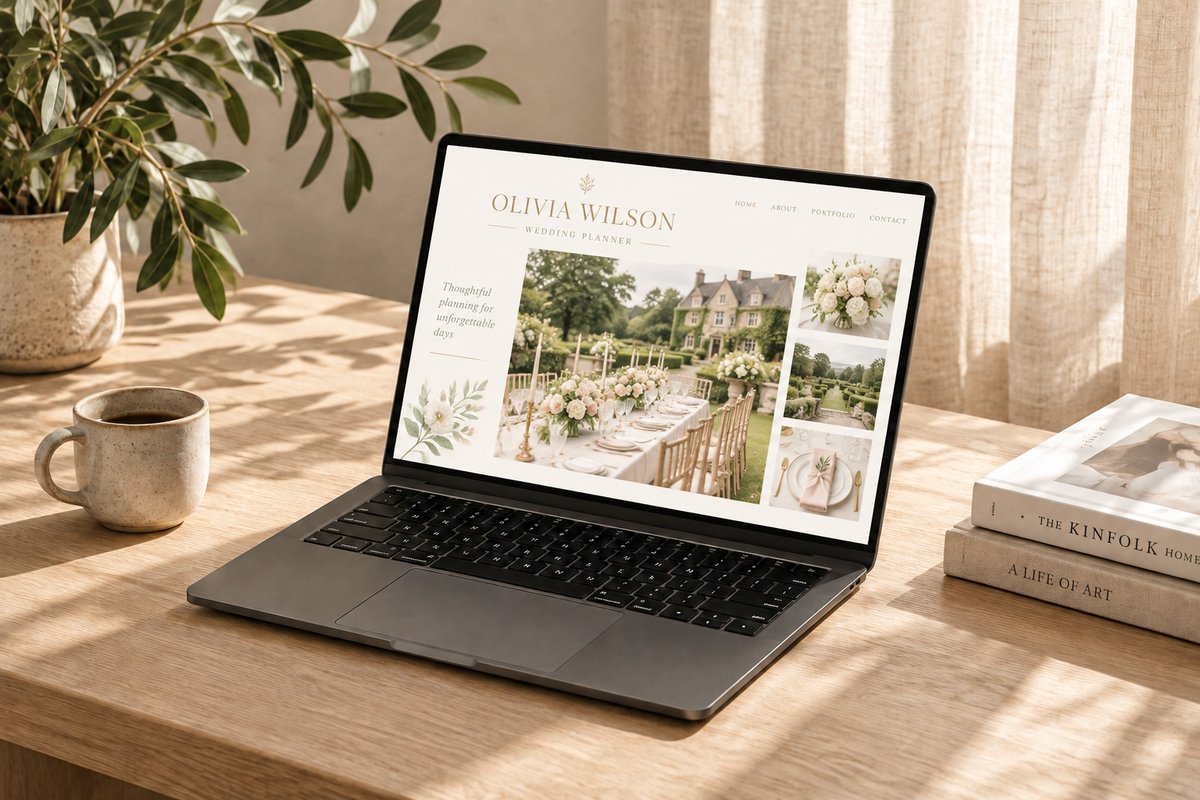 Elegant wedding planner website on a laptop in a bright desk scene