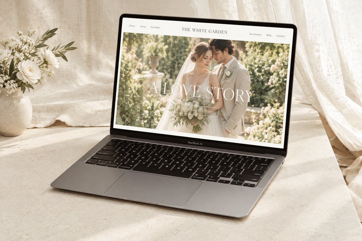 The White Garden wedding website on a silver laptop, soft ivory tones