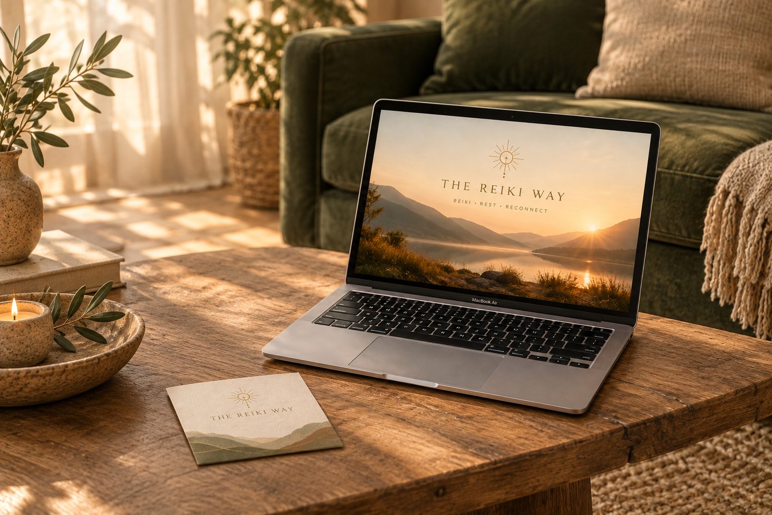 The Reiki Way — brand and website for a healing studio, shown on a laptop against a deep green velvet sofa