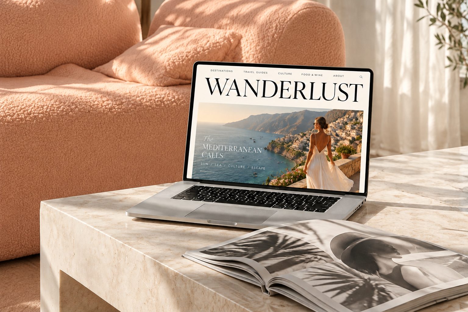 Wanderlust — editorial travel blog design, shown on a laptop on a marble table with a peach sofa behind
