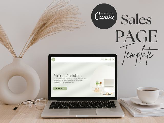 Virtual assistant website design on a MacBook, styled with pampas grass and coffee
