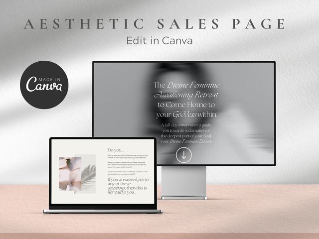 The Divine Feminine retreat sales page, designed by hand — iMac and laptop mockup